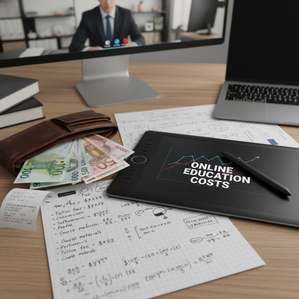 Portfel z rachunkami, tablet graficzny i notatki – symbol kosztów nauki online