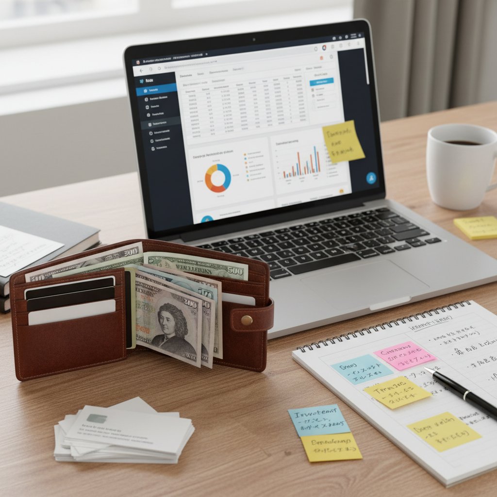 Zbliżenie na portfel, komputer i notatki językowe – kontekst finansowy korepetycji online