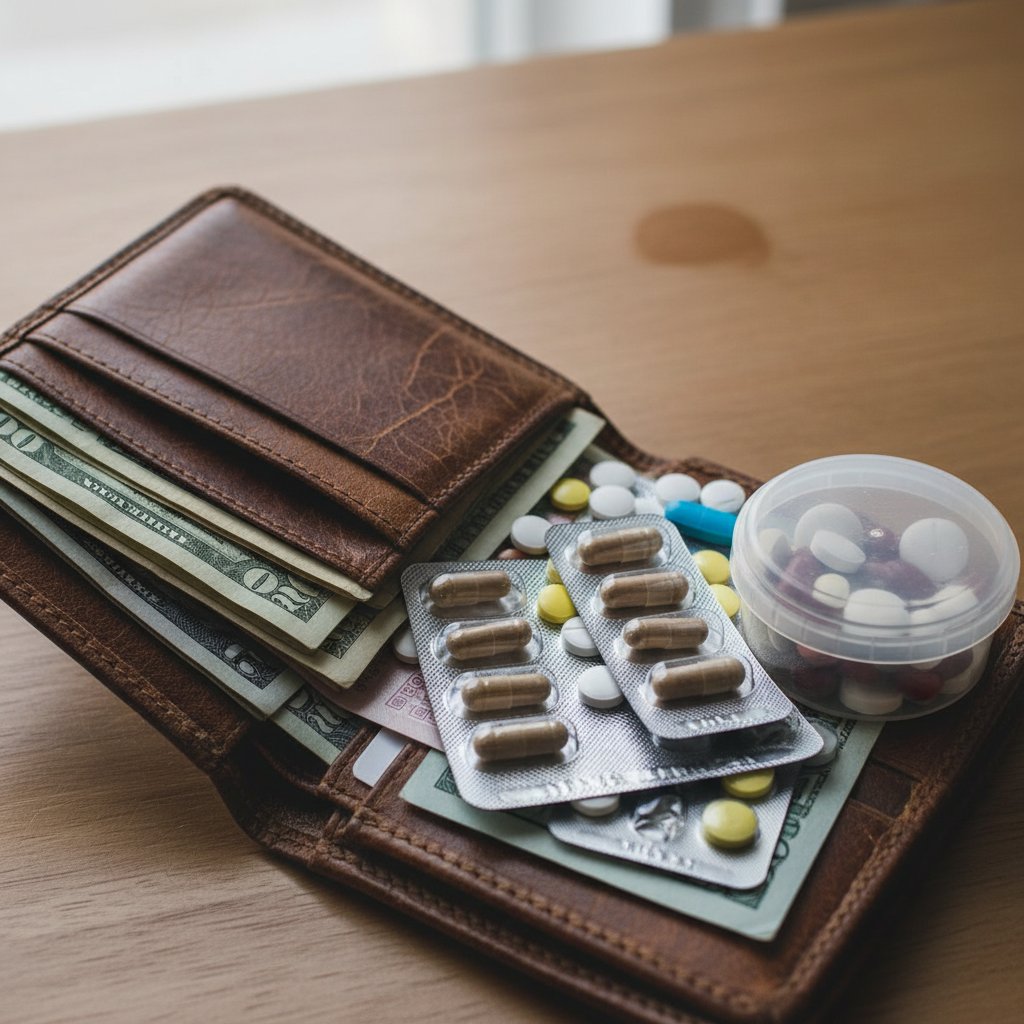 Portfel z wysypującymi się tabletkami i rachunkami, symbolizujący wydatki na suplementy