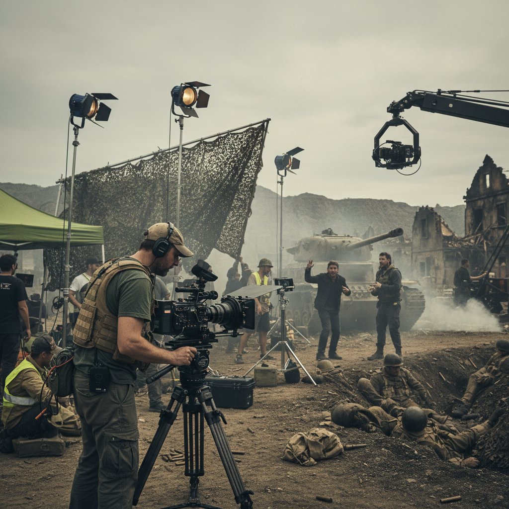 Behind-the-scenes photo of war movie set with intense lighting and camera crew
