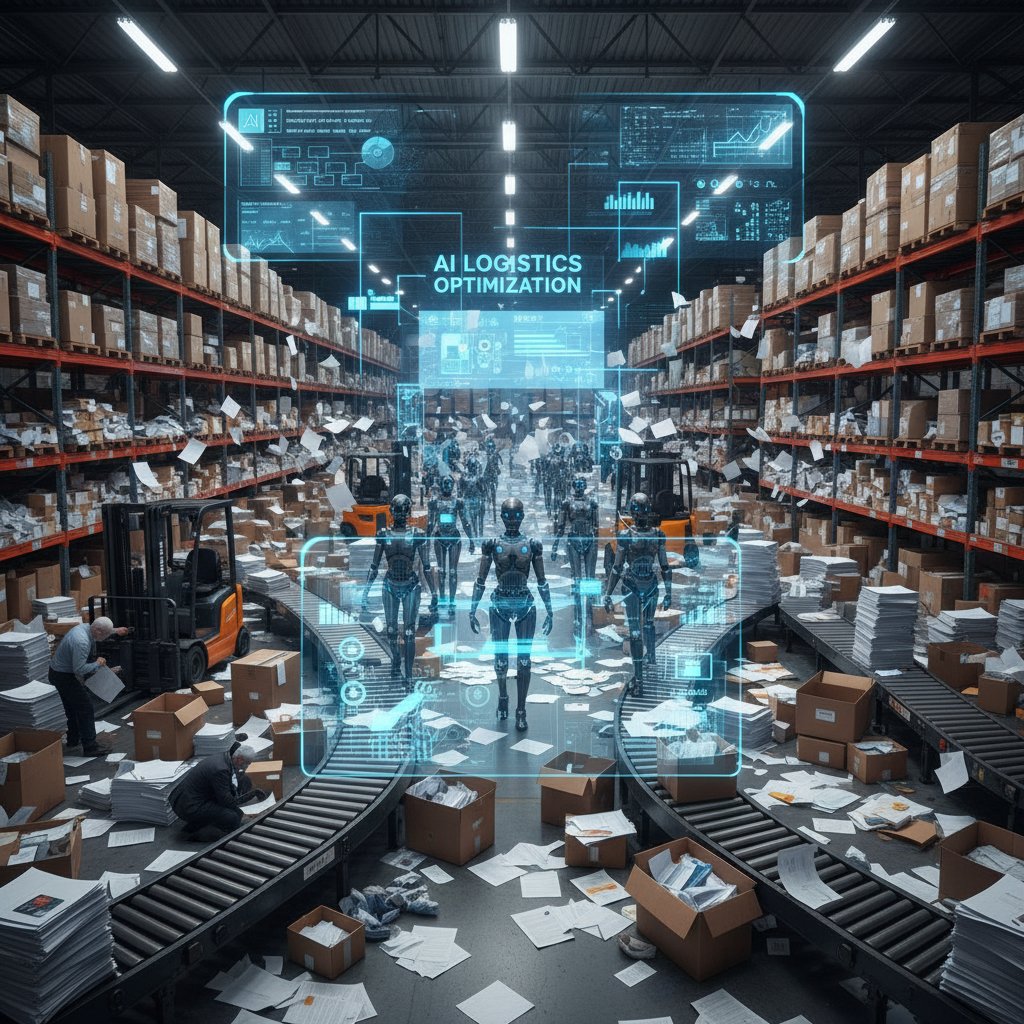 Ciemny, klimatyczny magazyn z chaosem papierów i komputerem, logistyka, AI