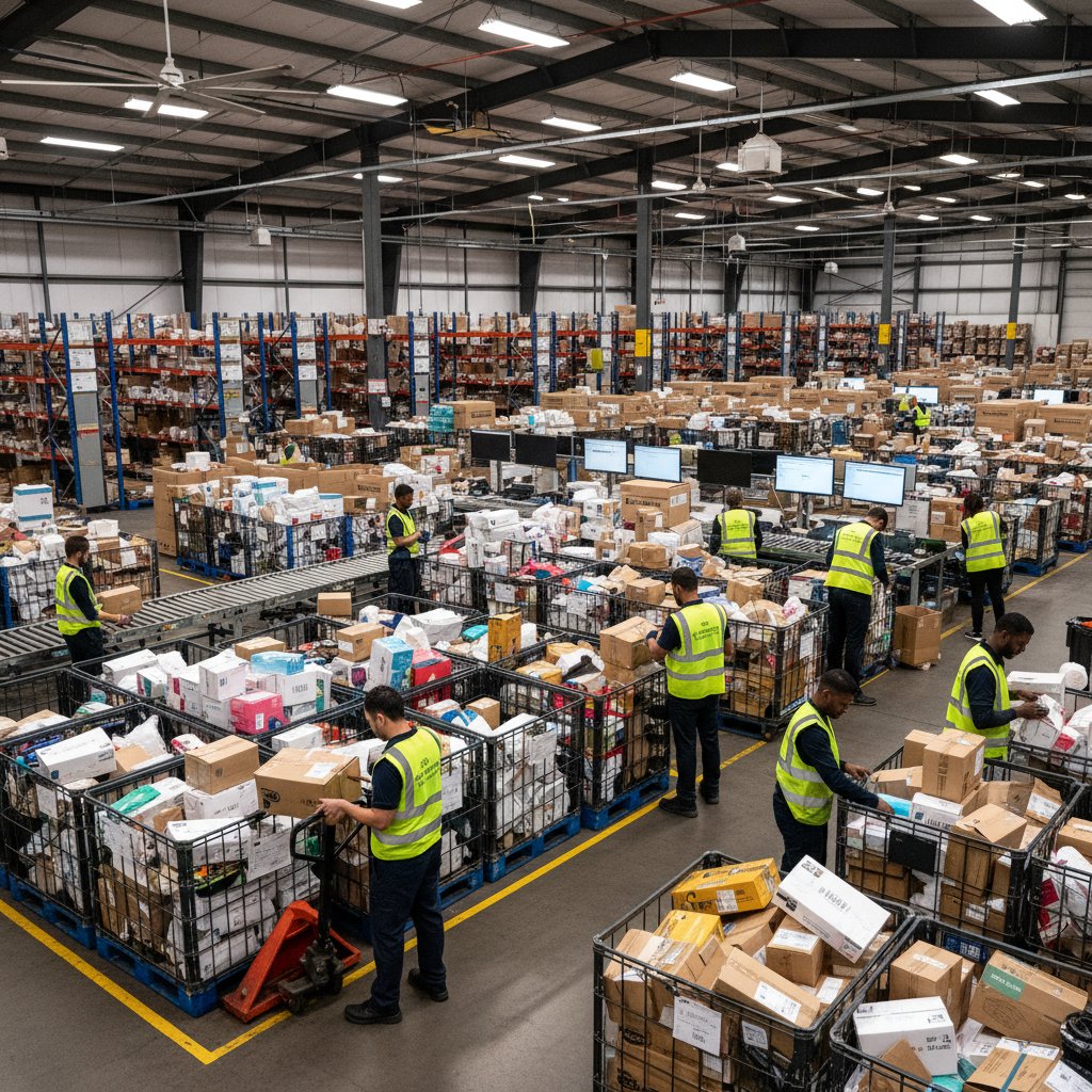 Magazyn sklepu internetowego z półkami pełnymi paczek zwrotnych, pracownicy segregują towary