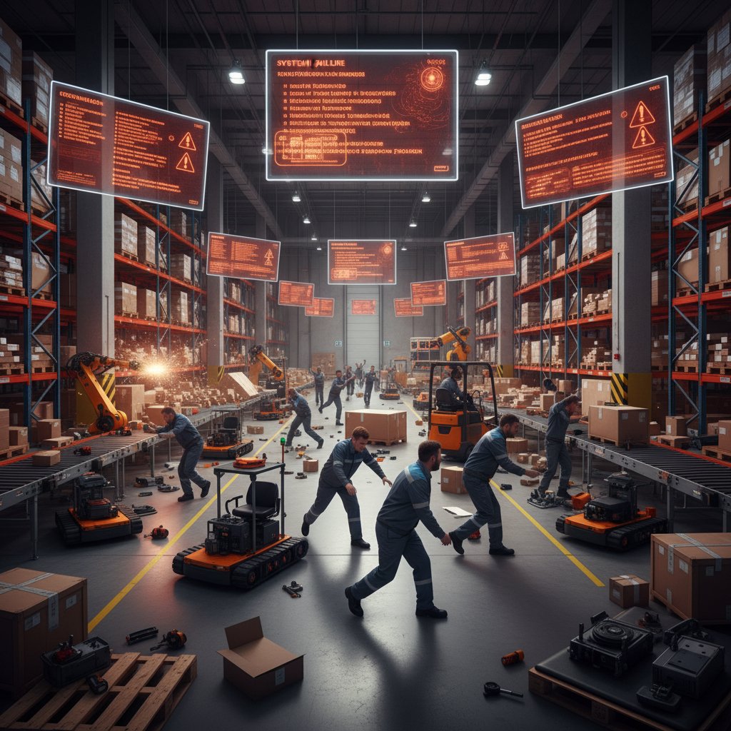 Zdezorientowani pracownicy magazynu wśród nieprzesortowanych paczek, puste stanowiska, komputerowe ekrany z błędami