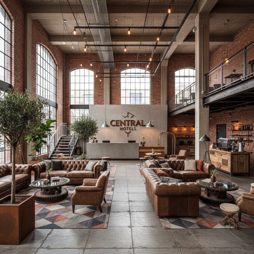 Lifestyle photo of a repurposed warehouse hotel lobby, industrial-chic, central hotels