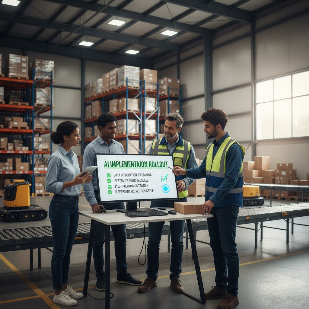Menedżer magazynu sprawdzający checklistę wdrożenia AI przy komputerze, otoczony przez zespół