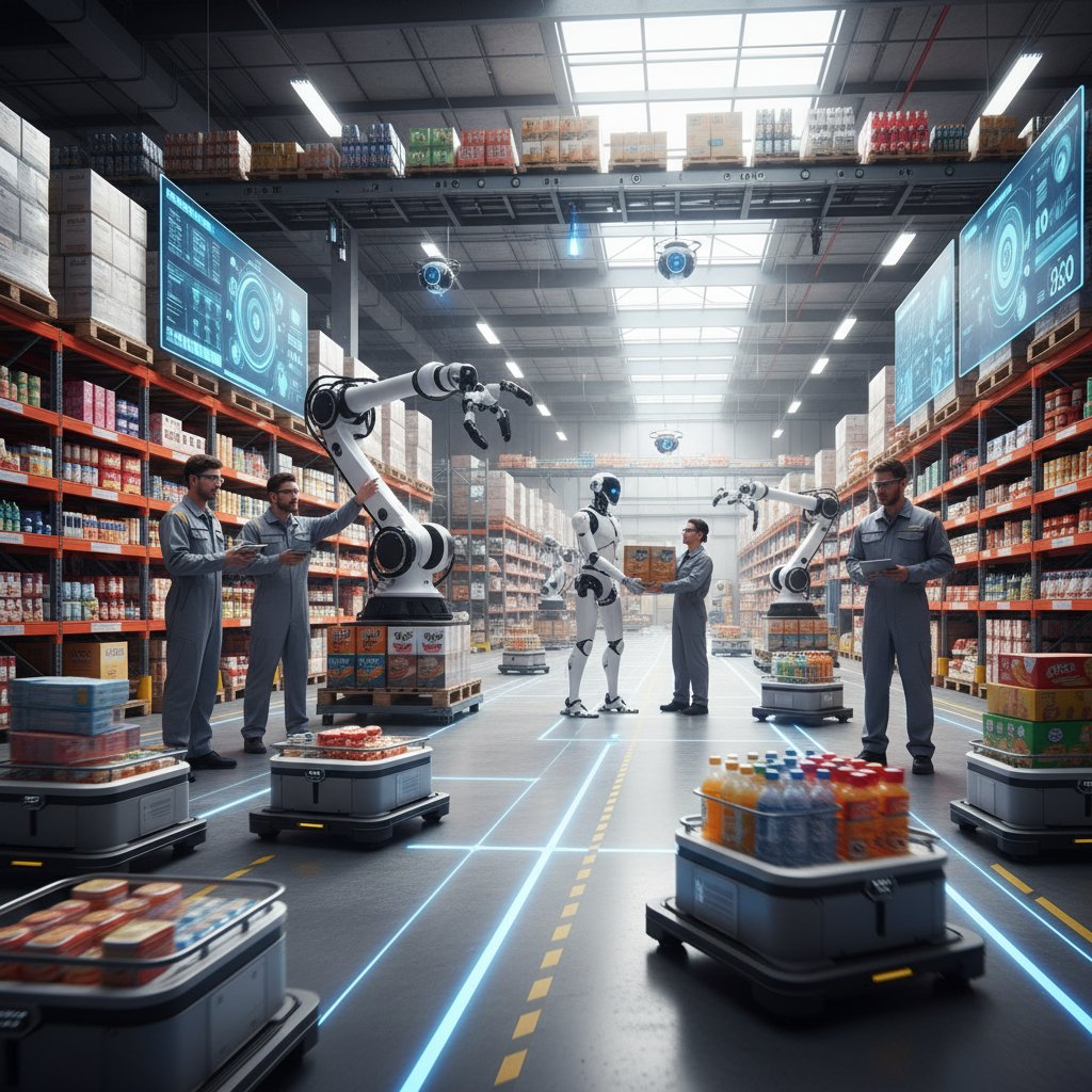 Operatorzy i roboty AI w ruchu, pokazujący dynamiczną współpracę na hali magazynowej