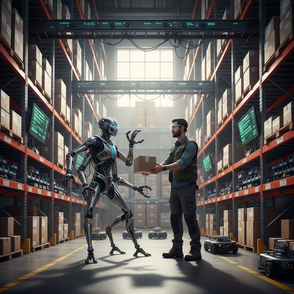 Pracownik magazynu współpracujący z robotem AI podczas kompletacji zamówienia