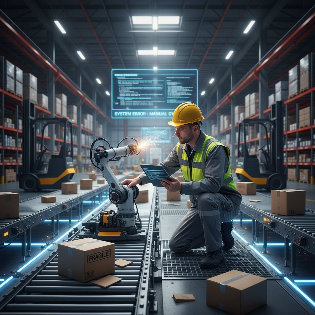 Pracownik poprawiający błędy po nieudanej automatyzacji w magazynie