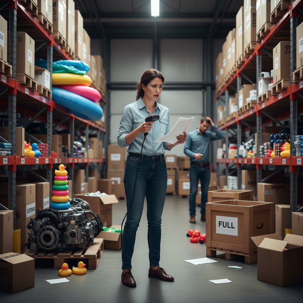 Magazynier zdezorientowany przy regale pełnym nieoznaczonych kartonów