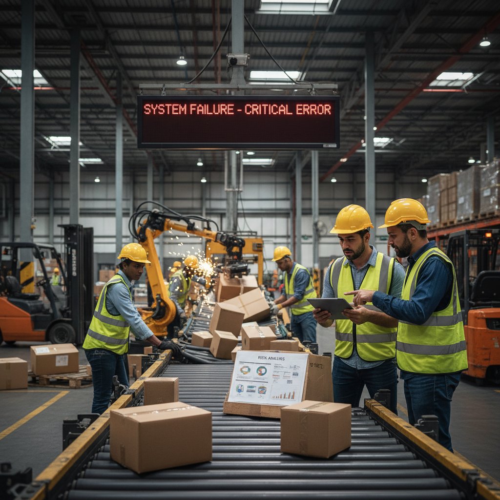 Pracownicy magazynu rozmawiający przy linii załadunkowej po awarii systemu ryzyka