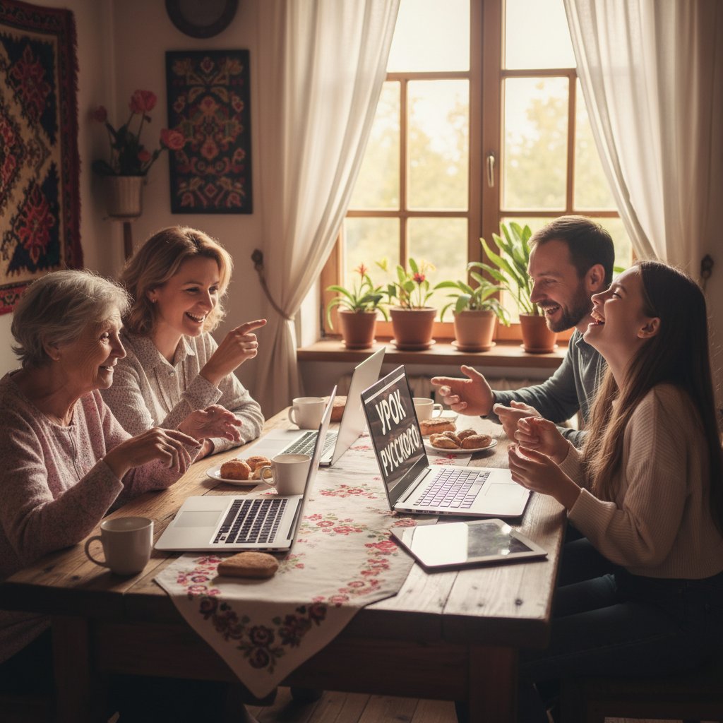 Polska rodzina ucząca się cyrylicy wspólnie przez internet