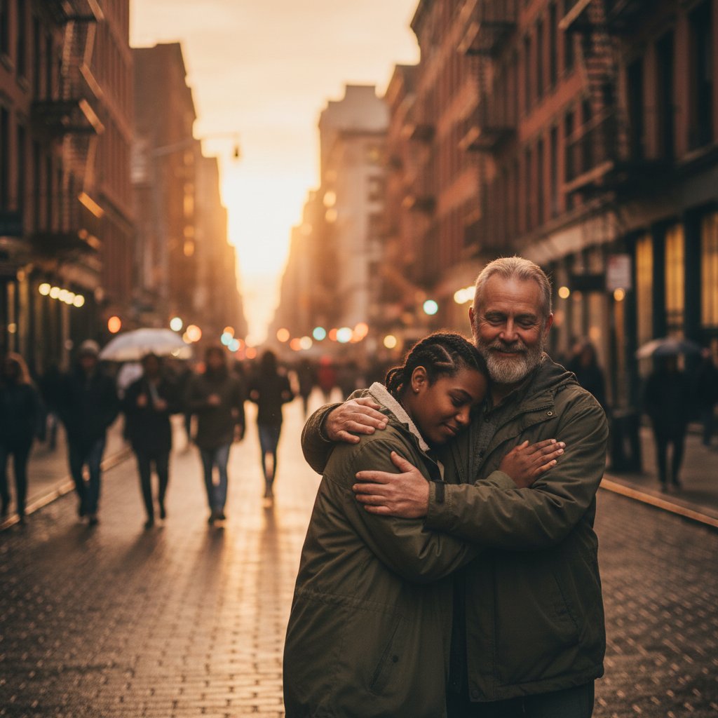 Wzajemne wsparcie w trudnych chwilach odpowiedzialności – ciepła scena uliczna o zmierzchu