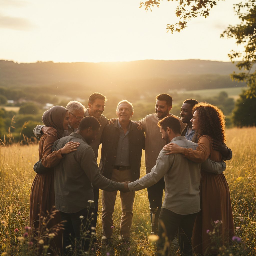 Wsparcie w różnych momentach życia – siła wspólnoty, grupa ludzi wspiera się w świetle zachodzącego słońca