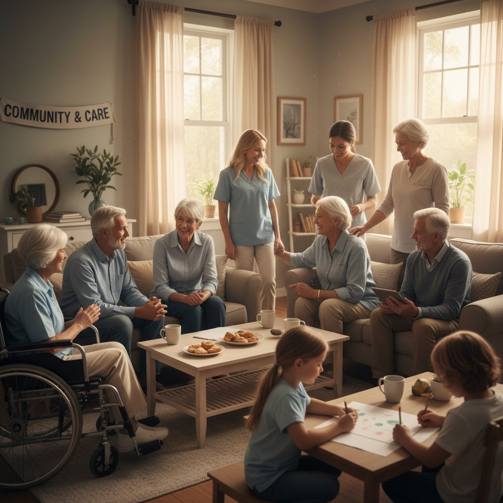 Grupa pacjentów i opiekunów podczas spotkania wsparcia z pozytywną energią, różnorodny wiek i wsparcie społeczne