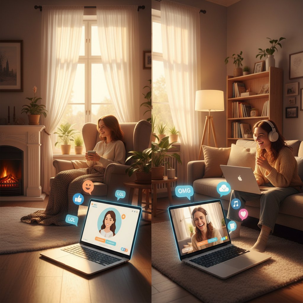 Dwie osoby rozmawiające online w swoich domach, rozmowa online na poprawę samopoczucia, ikony cyfrowe