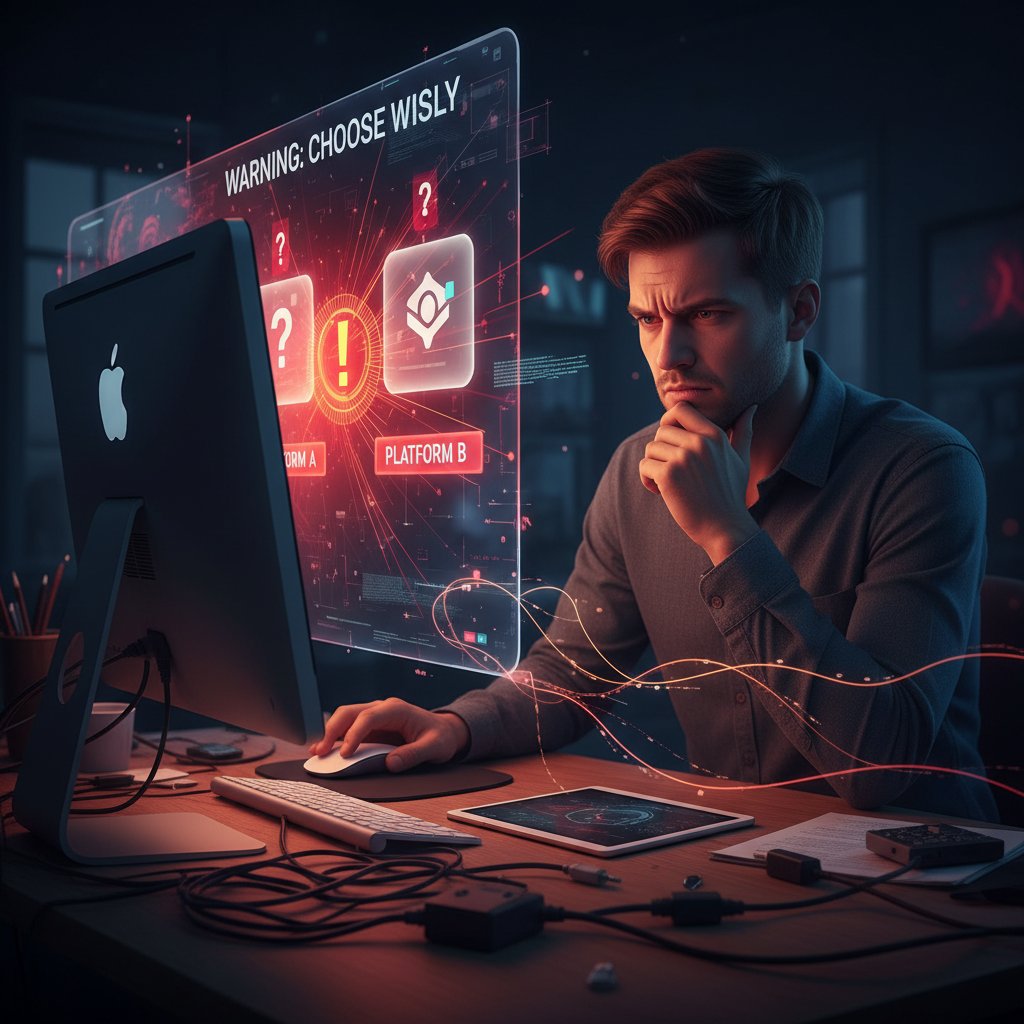 Symboliczna scena z czerwonym światłem ostrzegawczym przy komputerze, osoba z wątpliwościami przy wyborze platformy