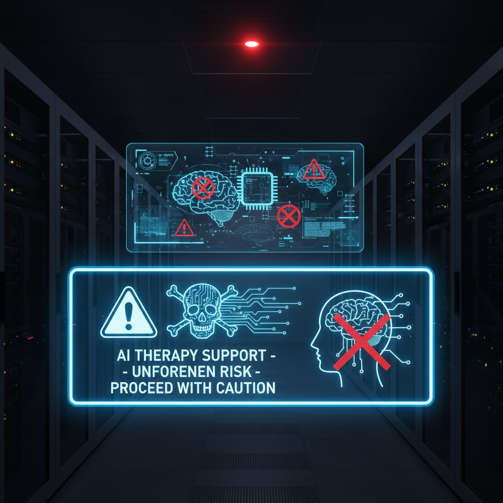 Znak ostrzegawczy na tle ekranu komputera, wyraźny akcent na zagrożenia AI w wsparciu terapeutycznym