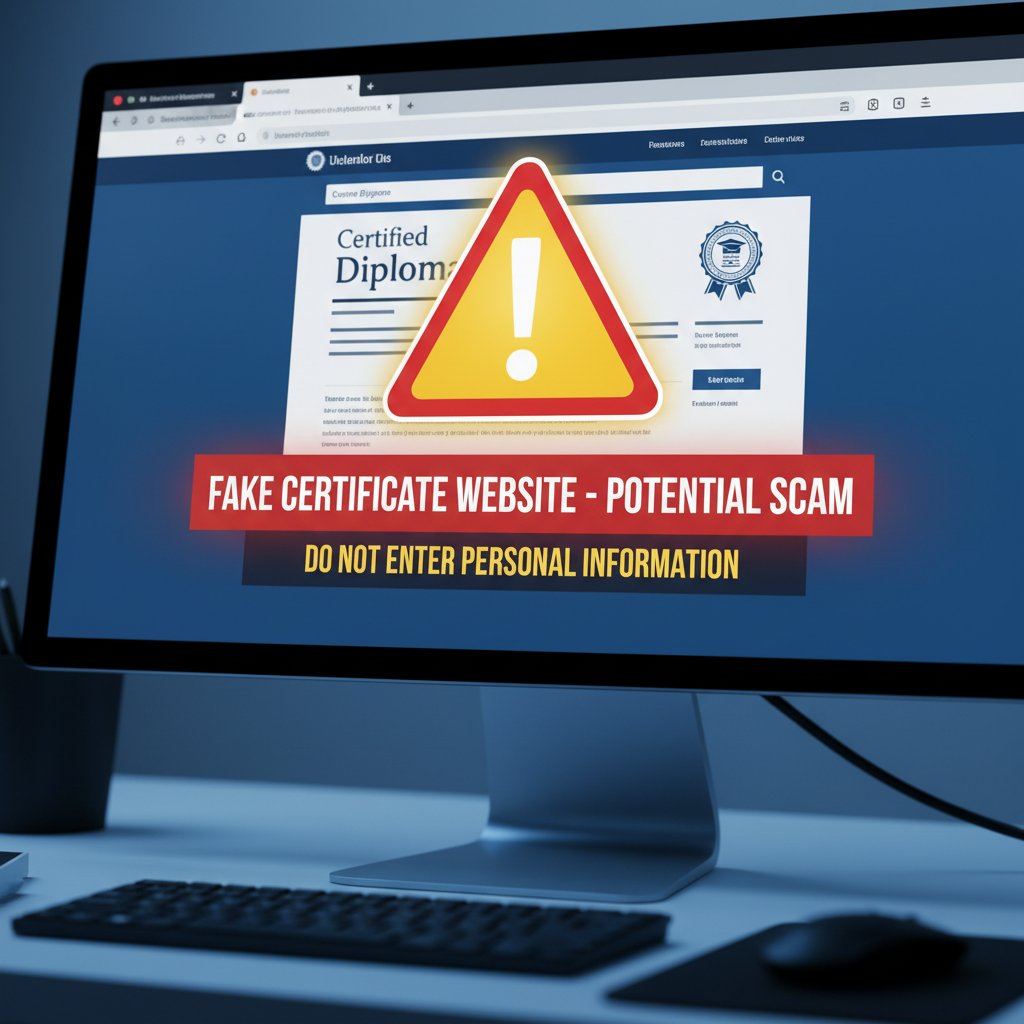 Wyraźny znak ostrzegawczy na tle monitora z fałszywą stroną certyfikatu