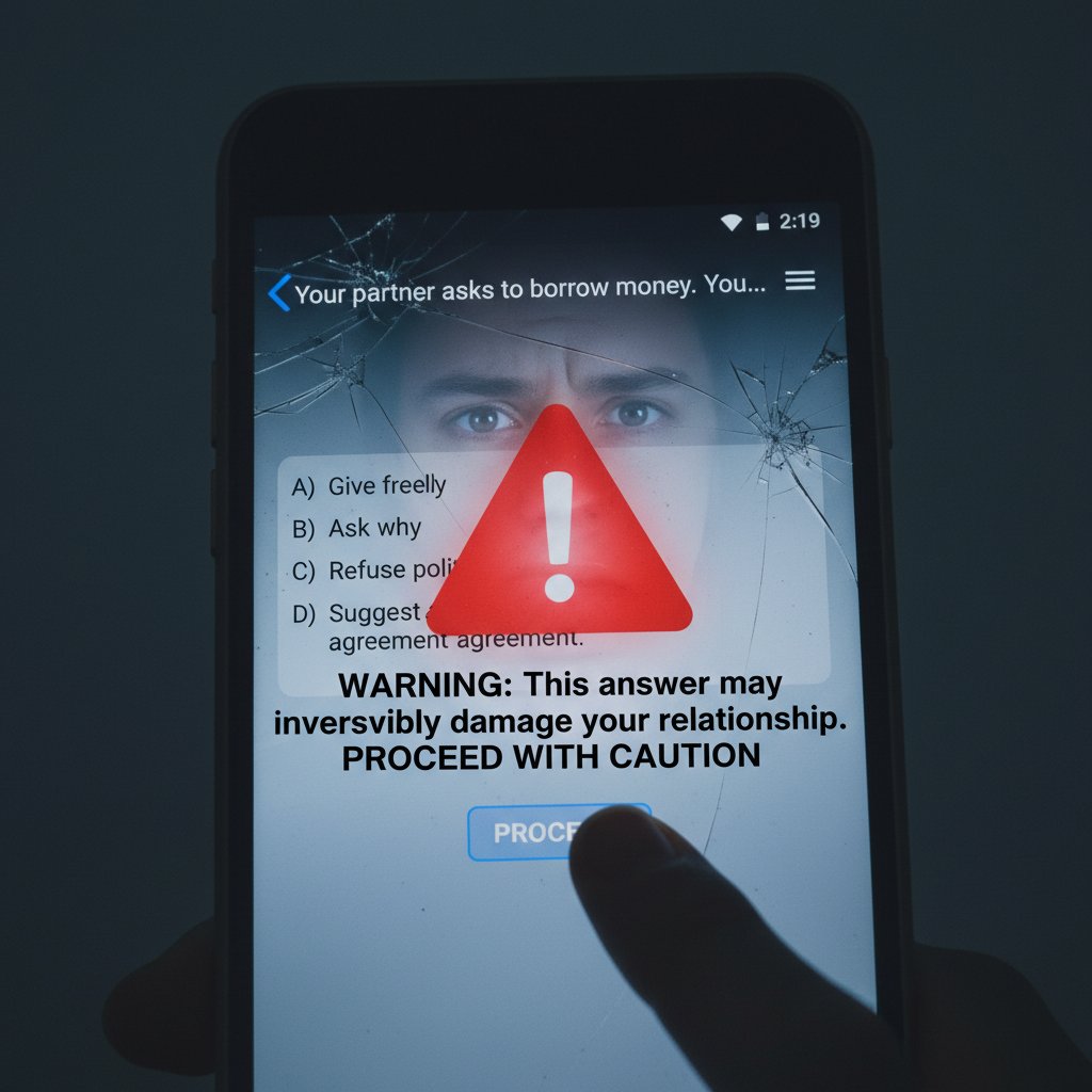 Close-up of a warning sign on a phone screen, person hesitating before submitting answers to an online relationship quiz