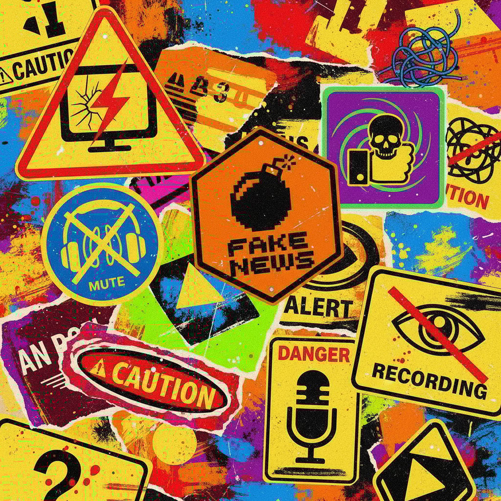 Sygnalizatory ostrzegające przed manipulacją w mediach, znaki ostrzegawcze, symbole mediów, odważne barwy
