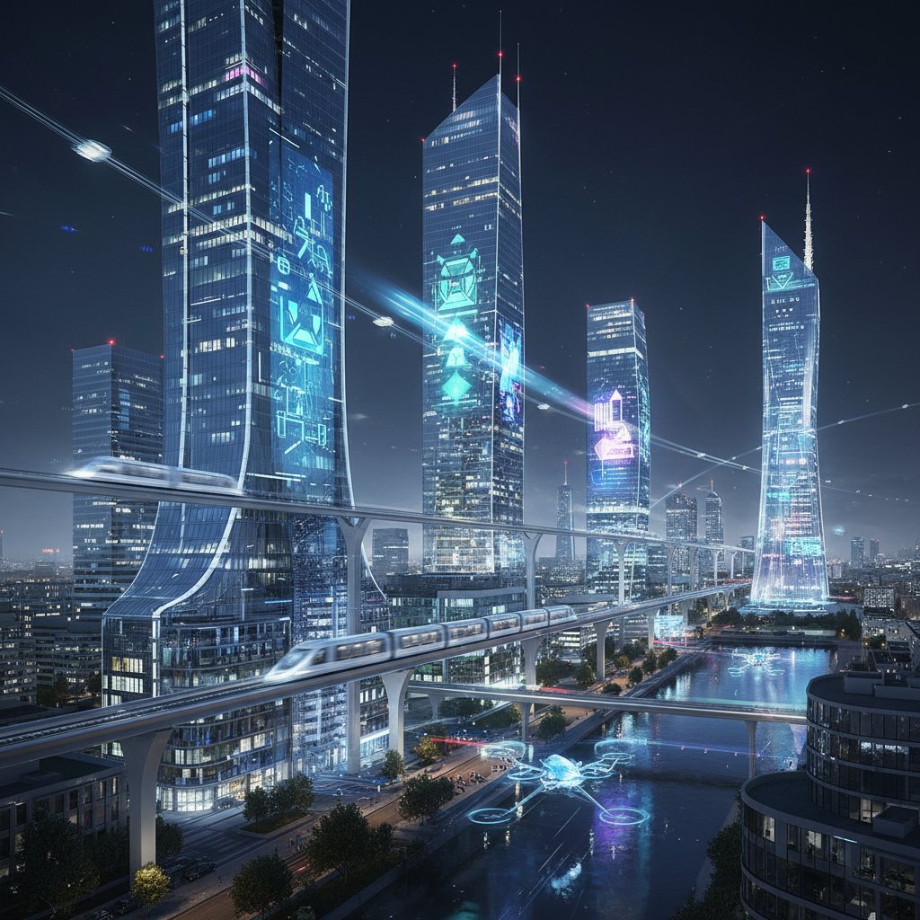 Panorama Warszawy z nowoczesnymi biurowcami i tablicami LED – symbol cyfrowej przyszłości