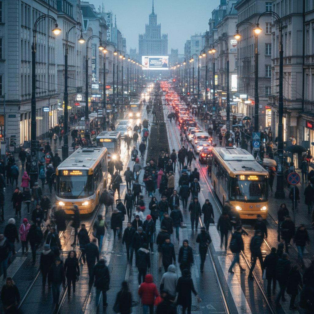 Grupa ludzi na ulicy w Warszawie podczas godzin szczytu – obraz stresu w polskim społeczeństwie