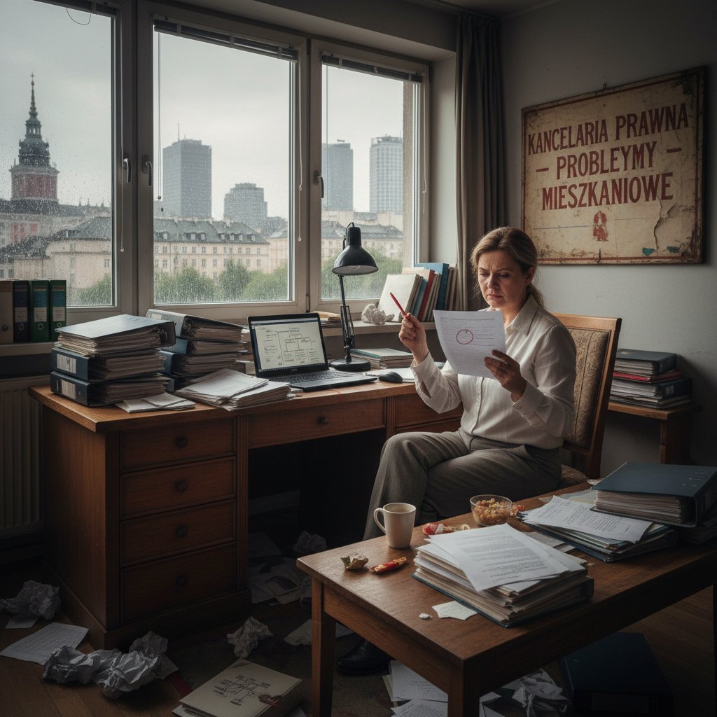 Właściciel mieszkania przeglądający stos przepisów i dokumentów na tle warszawskiego bloku