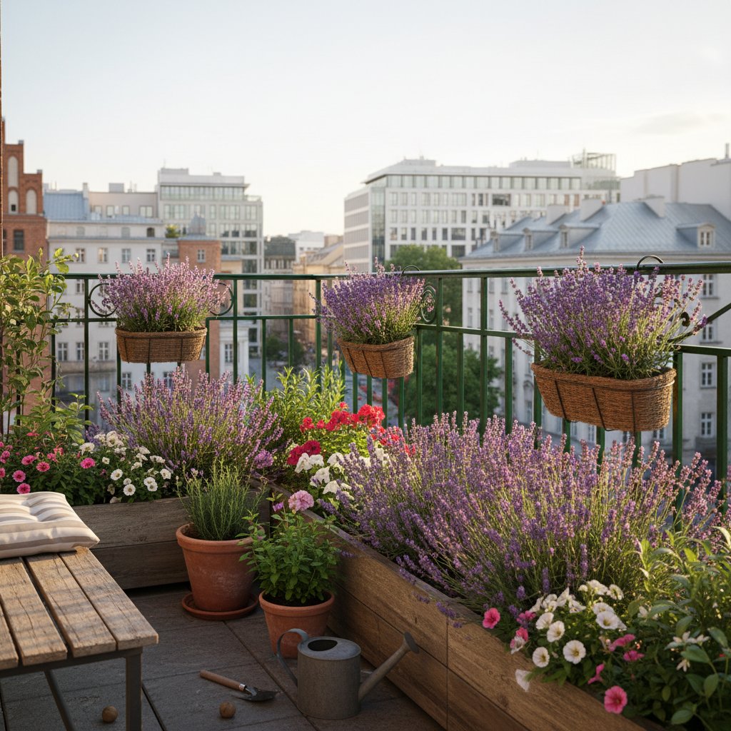Warszawski balkon zachodni, lawenda, pelargonie, urban jungle, letnie słońce