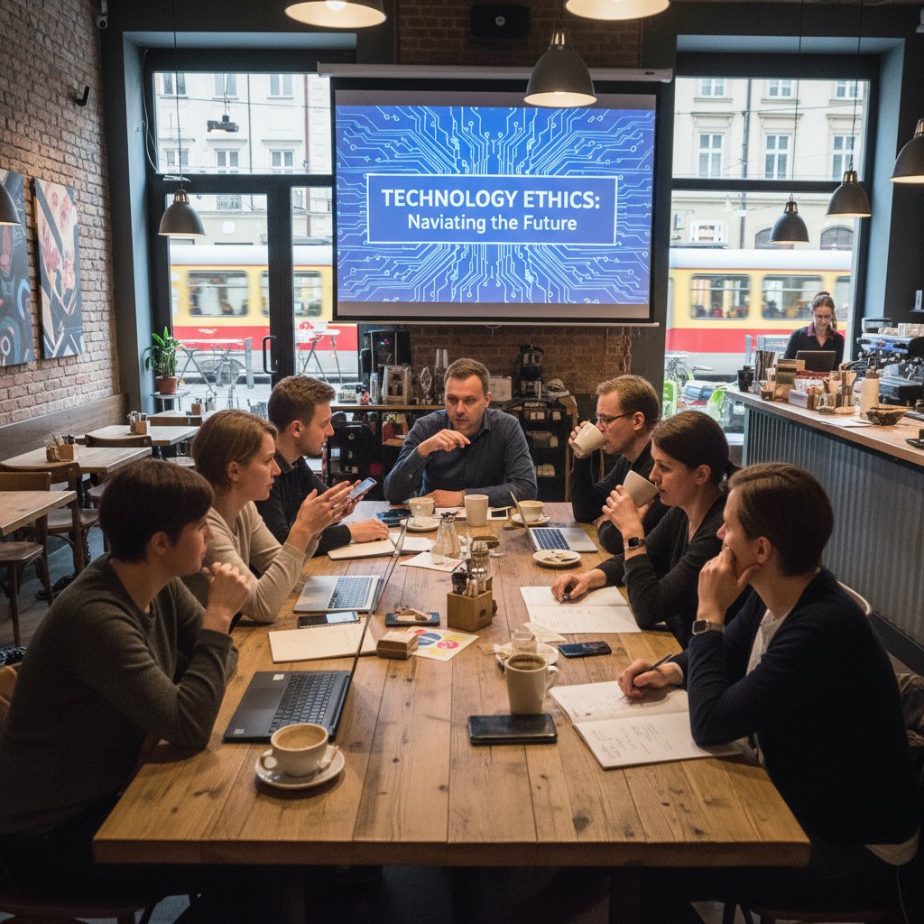 Mała grupa w warszawskiej kawiarni debatująca o etyce technologii