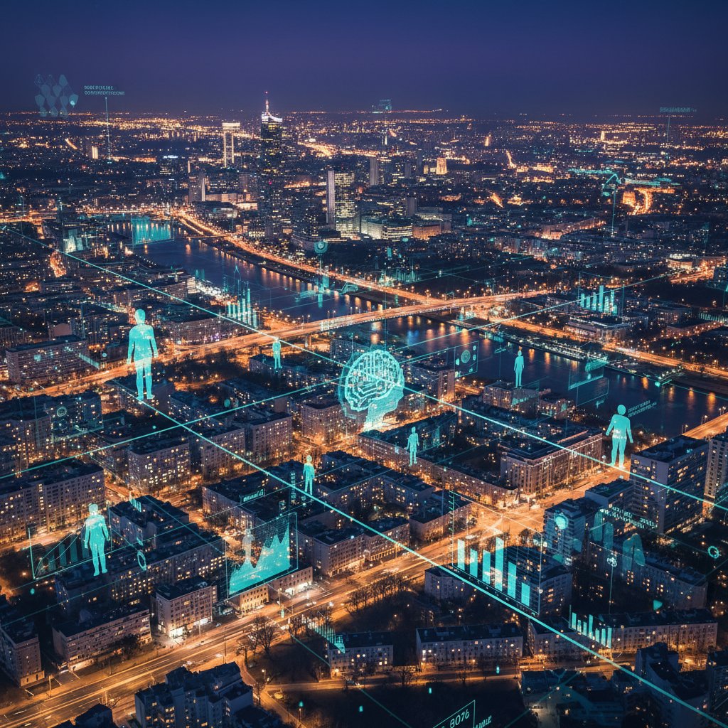 Widok na centrum Warszawy z widocznymi ekranami monitoringu i cyfrowymi danymi