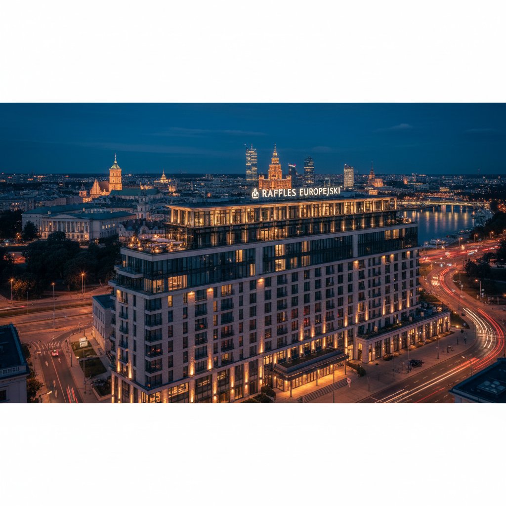 Widok na luksusowy hotel w centrum Warszawy nocą, światła miasta, elegancka fasada