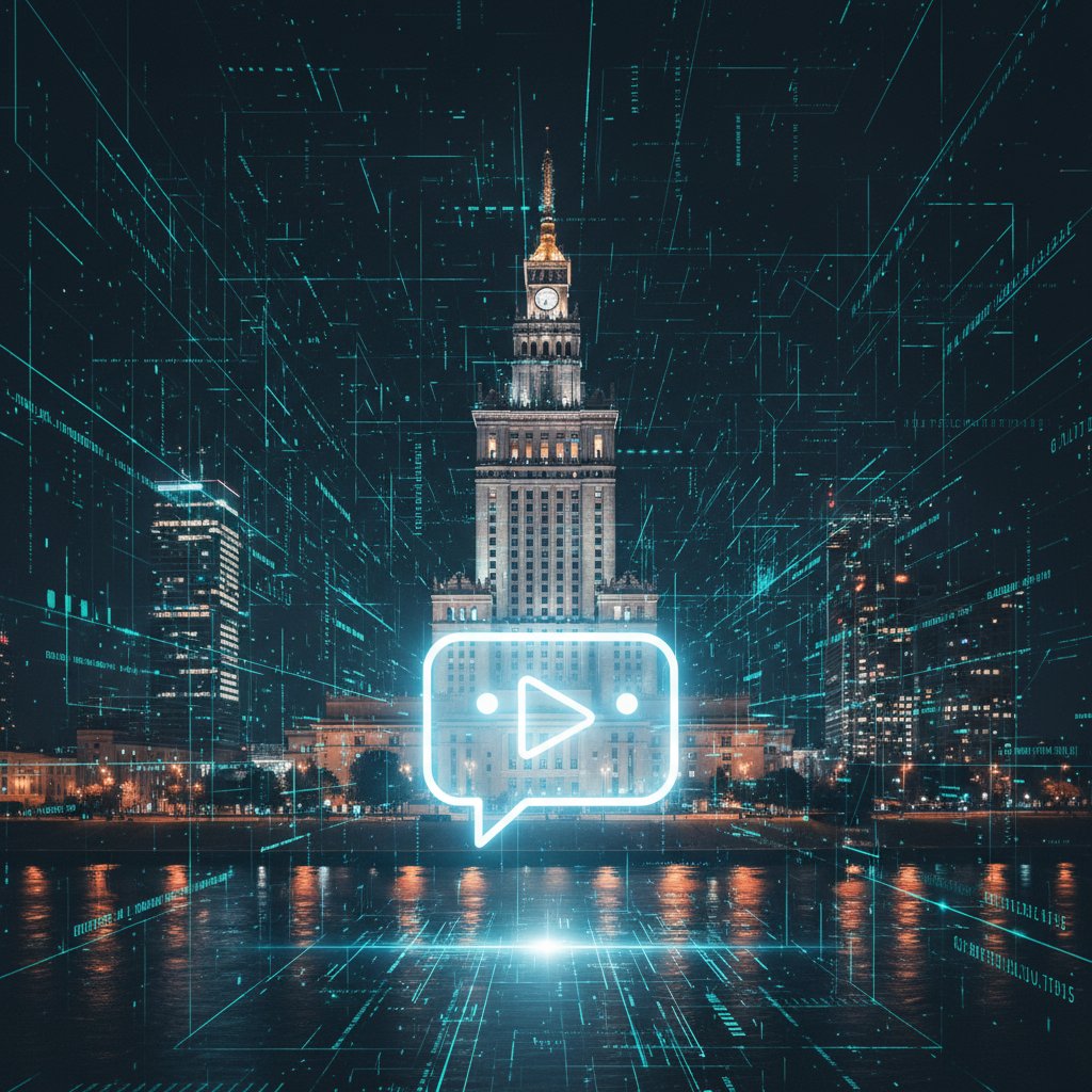 Nocna panorama Warszawy z kodem cyfrowym na niebie, świecący symbol czatu AI, atmosfera oczekiwania