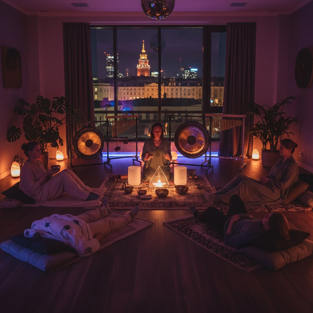 Sesja terapii dźwiękiem w warszawskim studio, wieczorna atmosfera