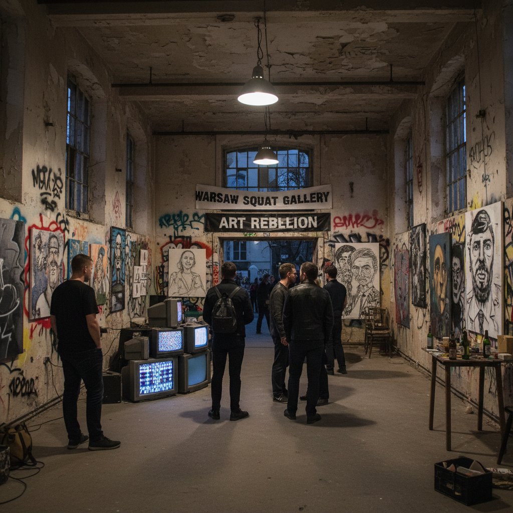 Galeria typu squat podczas wernisażu w Warszawie