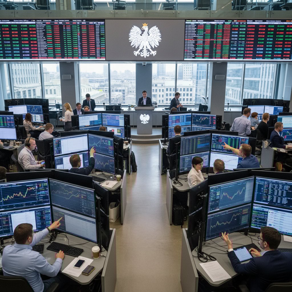 Warszawska giełda z tłumem inwestorów analizujących portfele