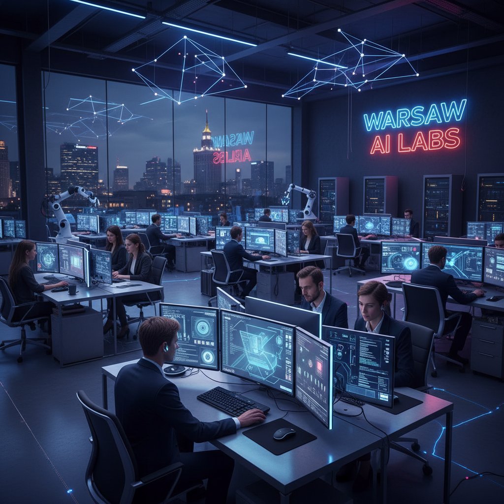 Zdjęcie współczesnego biura technologicznego w Warszawie z widokiem na neonowe ekrany i pracujących specjalistów AI