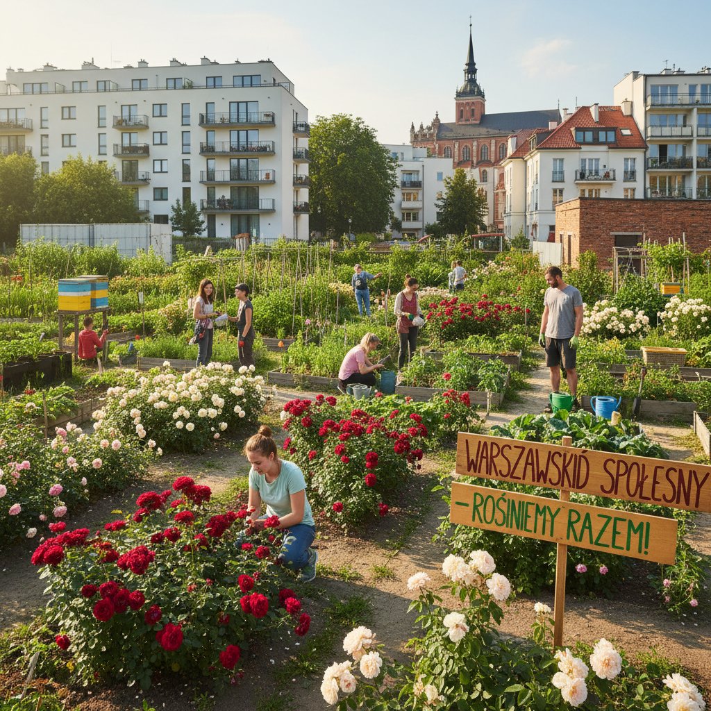 Zdjęcie miejskiej grządki z różami w Warszawie, z widocznymi opiekunami