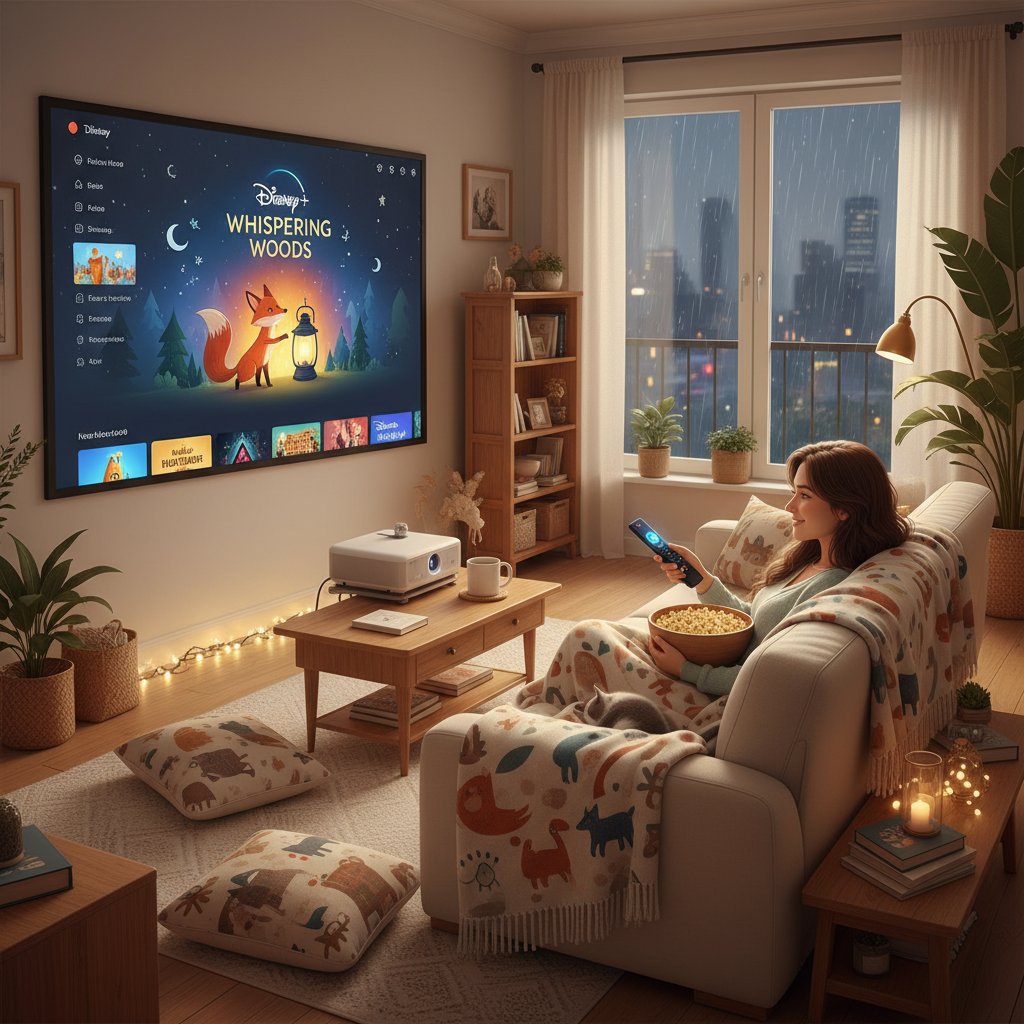 Watching hidden indie movie on Disney plus, cinematic still