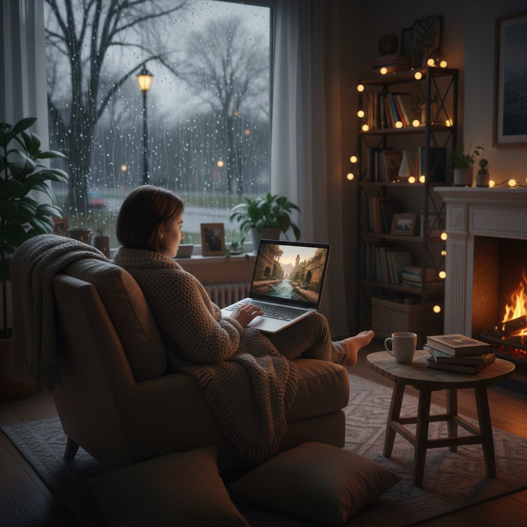 Moody photo of someone watching a small town drama on a laptop, homey room, rainy night, cinematic lighting