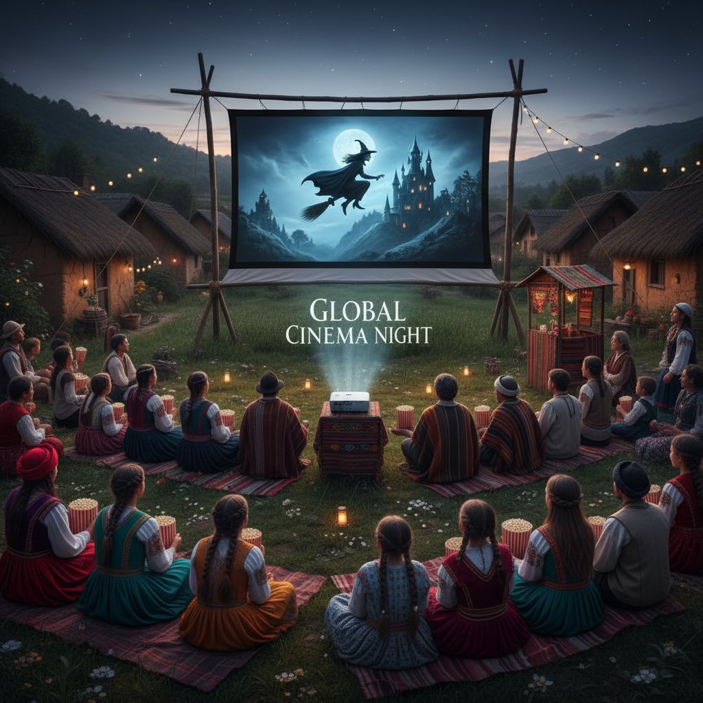 Community watching a witch movie on an outdoor screen in a rural setting, showing global reach