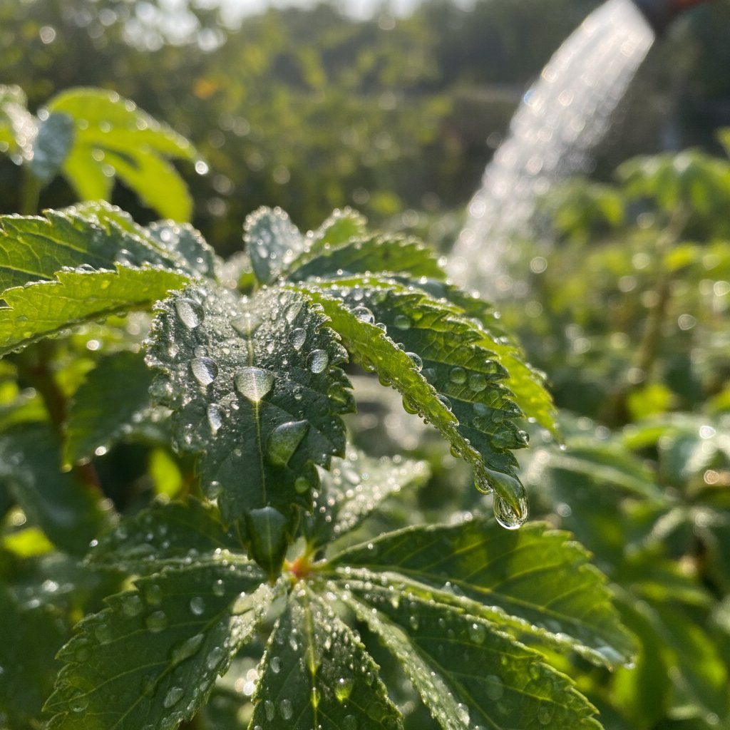 Krople wody na liściach podczas podlewania w południe, naukowe podejście do podlewania latem