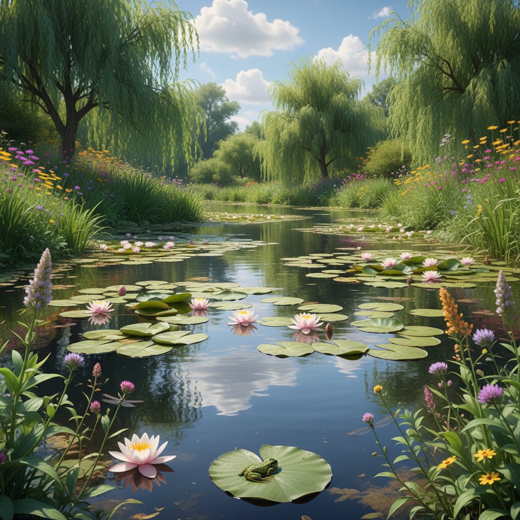 Lilie wodne w oczku wodnym z jasnym światłem słonecznym, w tle zarośnięte brzegi