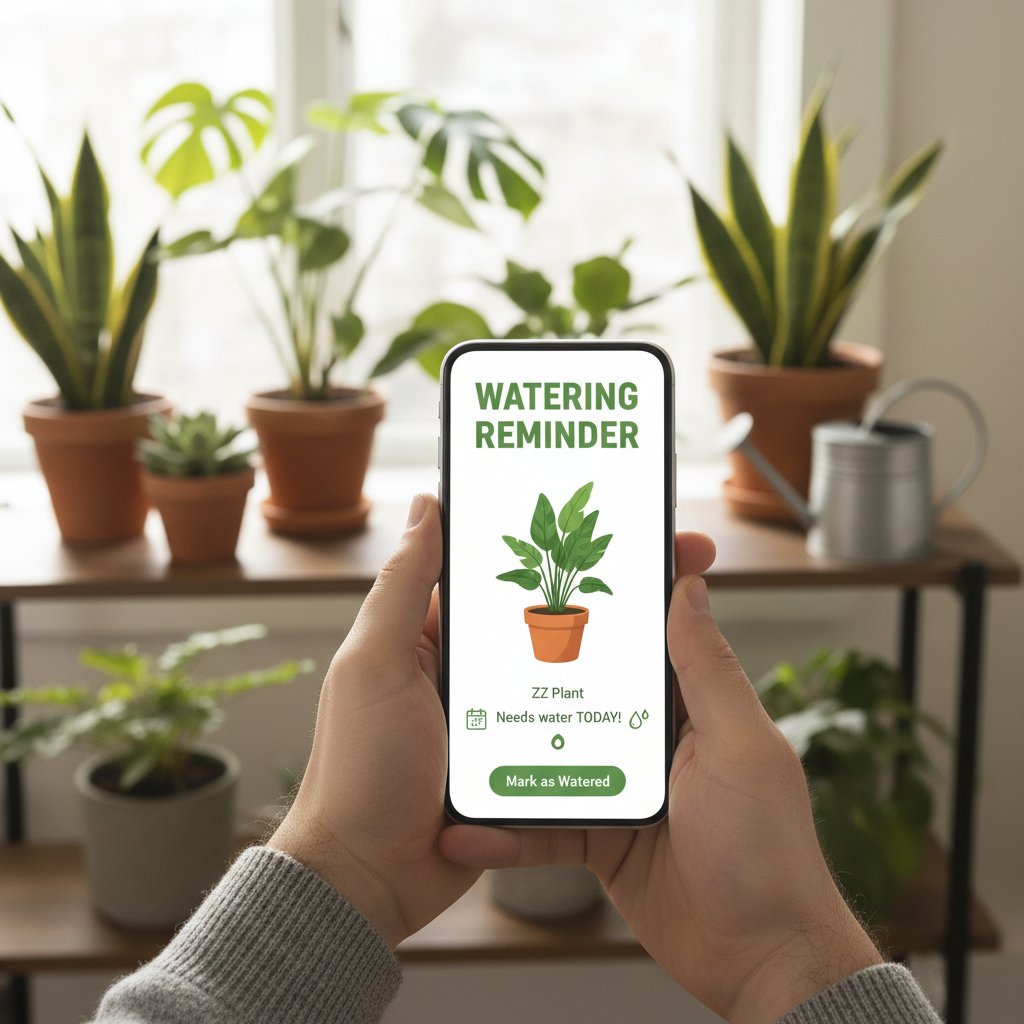 Osoba ustawiająca przypomnienie o podlewaniu rośliny na smartfonie