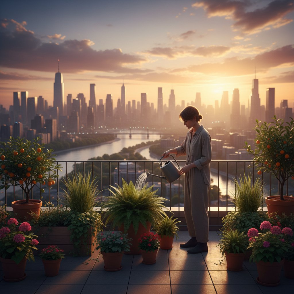 Podlewanie roślin na tarasie w mieście