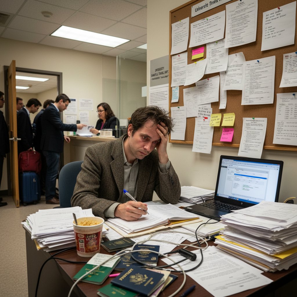Weary academic surrounded by paperwork and travel documents, frustrated with a laptop