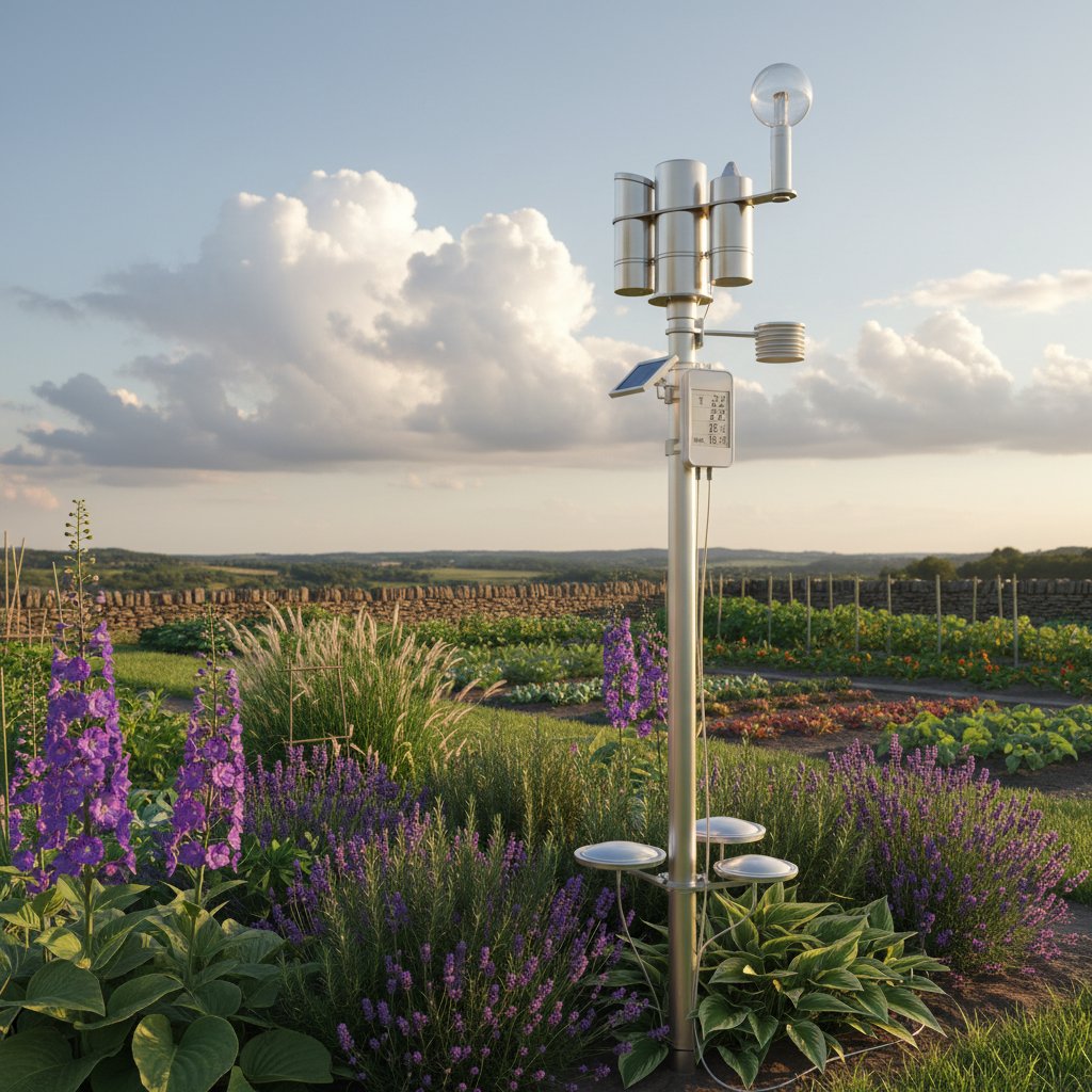 Zbliżenie czujnika meteorologicznego w ogrodzie, tło: chmurki, rośliny, technologia