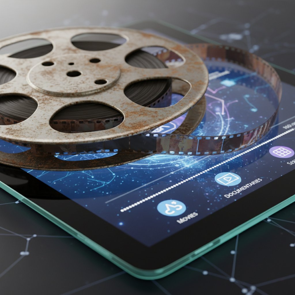Weathered film reel next to modern streaming interface, symbolizing the clash of eras in vintage movies