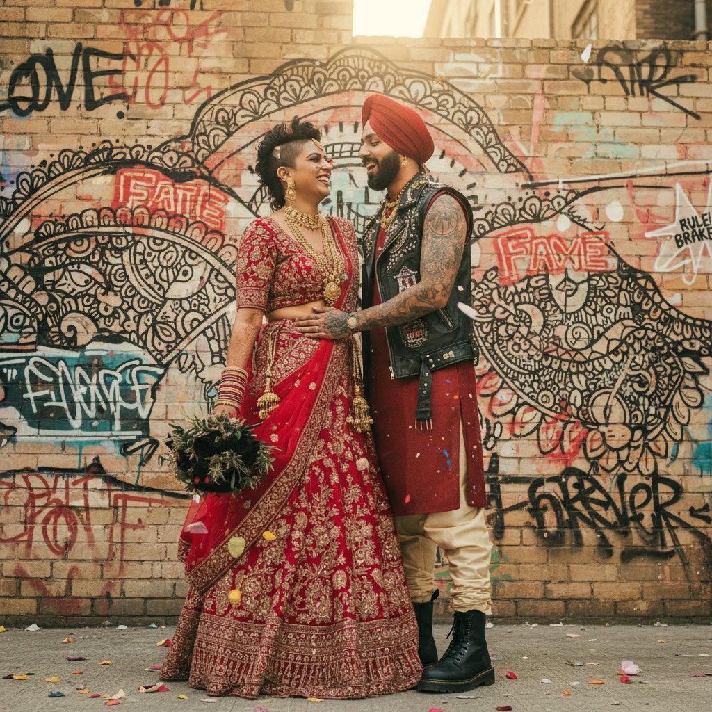 Wedding movie projected onto urban wall, mixing tradition and rebellion