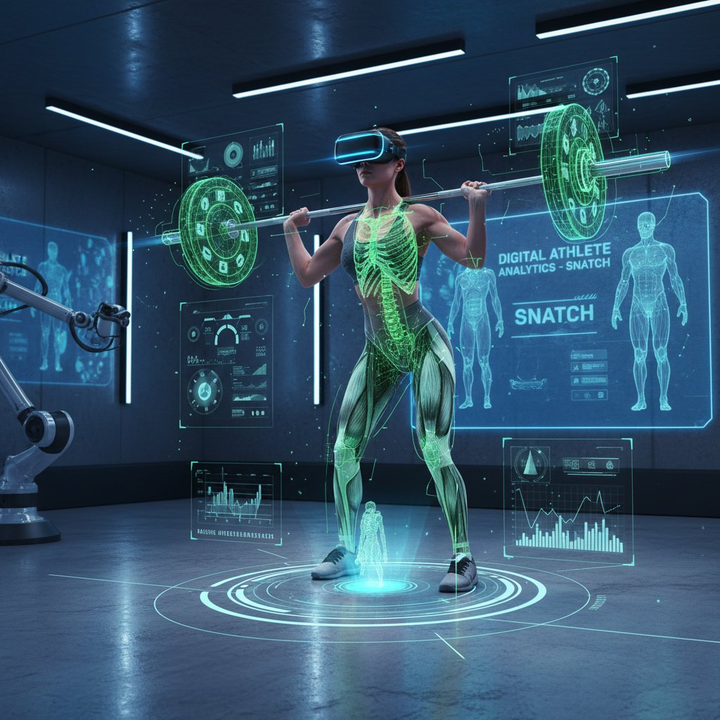 Sztangista w okularach VR, trening rwania z analizą cyfrową