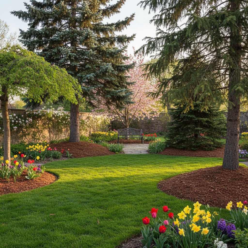 Zadbany ogród z dorosłymi iglakami, ściółką i zdrową trawą, wiosenny poranek